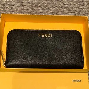 Fendi black leather zip around wallet with original gift box
